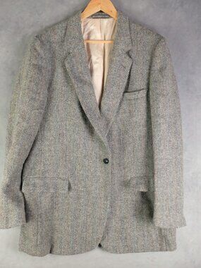 Harris Tweed Herringbone Blazer Gray Wool 42L Tall Sport Coat Two Button Vented